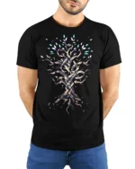Mystic Tree of Life T-Shirt Intricate Nature Art Tee for Dreamers - model wearing black shirt, hands behind back