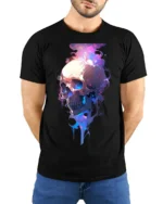 Neon Skull Flame T-Shirt Colorful Gothic Streetwear Graphic Tee - model wearing black shirt, hands behind back