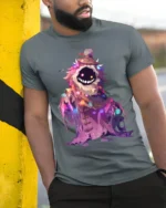 Mystic Monster Glow T-Shirt Funny Cute Scary Creature Tee for Halloween and Xmas - model in grey shirt leaning against column
