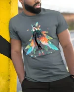 Whimsical Feathered Mage T-Shirt Fantasy Anime Streetwear Tee - model in grey shirt leaning against column