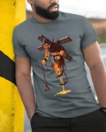 Flaming Demon T-Shirt Gothic Horror Lava Skull Tee for Halloween and Gamers - model in grey shirt leaning against column