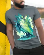 Aqua Spirit Bird T-Shirt Vibrant Fantasy Animal Tee for Gamers and Dreamers - model in grey shirt leaning against column