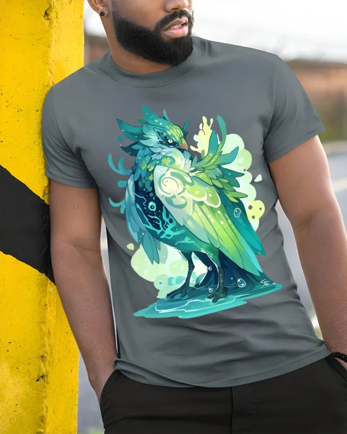 Aqua Spirit Bird T-Shirt Vibrant Fantasy Animal Tee for Gamers and Dreamers - model in grey shirt leaning against column