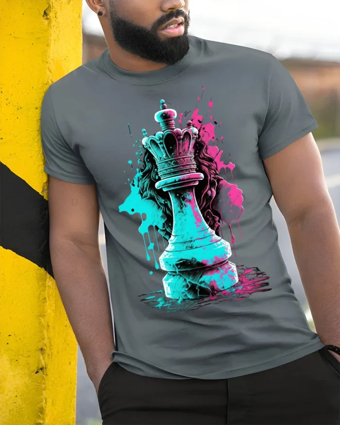Queen Chess Piece T-Shirt Street Style Graphic Tee for Strategy Game Lovers - model in grey shirt leaning against column