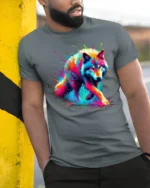 Psychedelic Wolf T-Shirt Vibrant Color Splash Tee for Animal and Art Lovers - model in grey shirt leaning against column