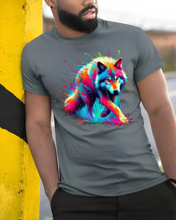 Psychedelic Wolf T-Shirt Vibrant Color Splash Tee for Animal and Art Lovers - model in grey shirt leaning against column
