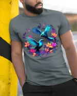 Tropical Hummingbird T-Shirt Vibrant Floral Bird Tee for Nature Lovers - model in grey shirt leaning against column