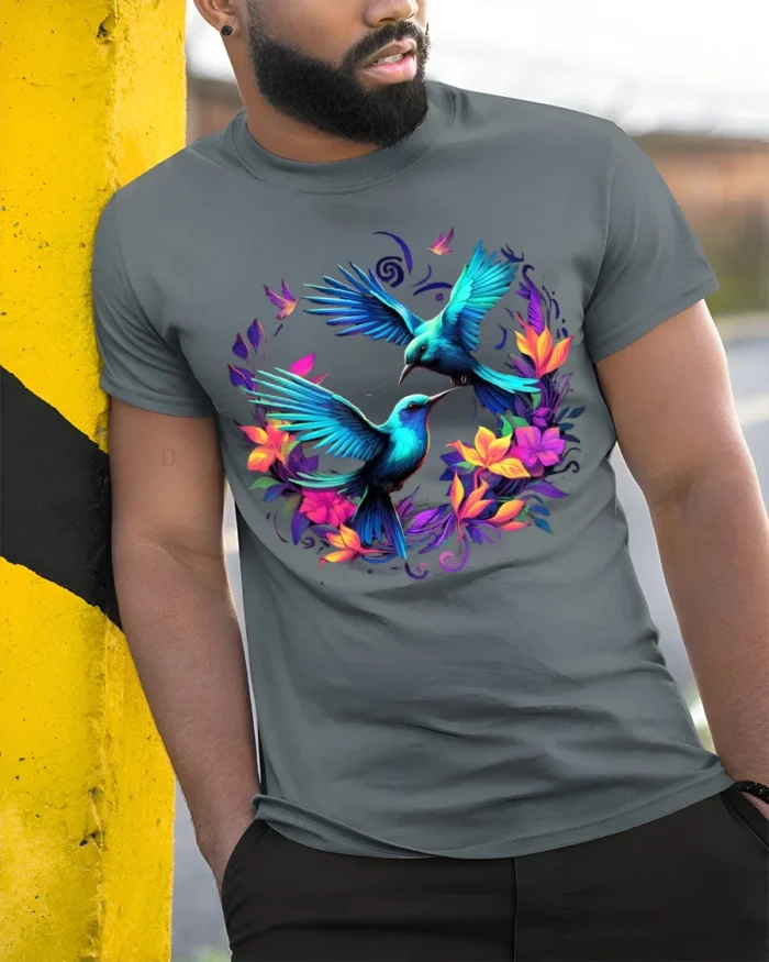 Tropical Hummingbird T-Shirt Vibrant Floral Bird Tee for Nature Lovers - model in grey shirt leaning against column