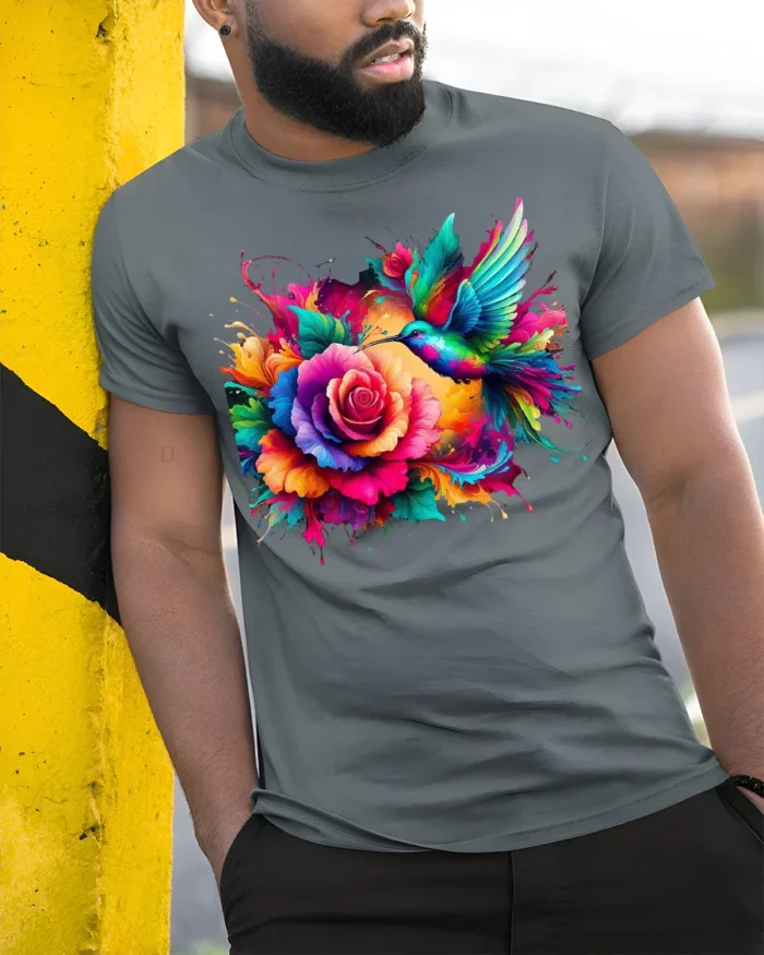 Rainbow Hummingbird and Rose T-Shirt Soft Cotton Nature-Inspired Graphic Tee - model in grey shirt leaning against column
