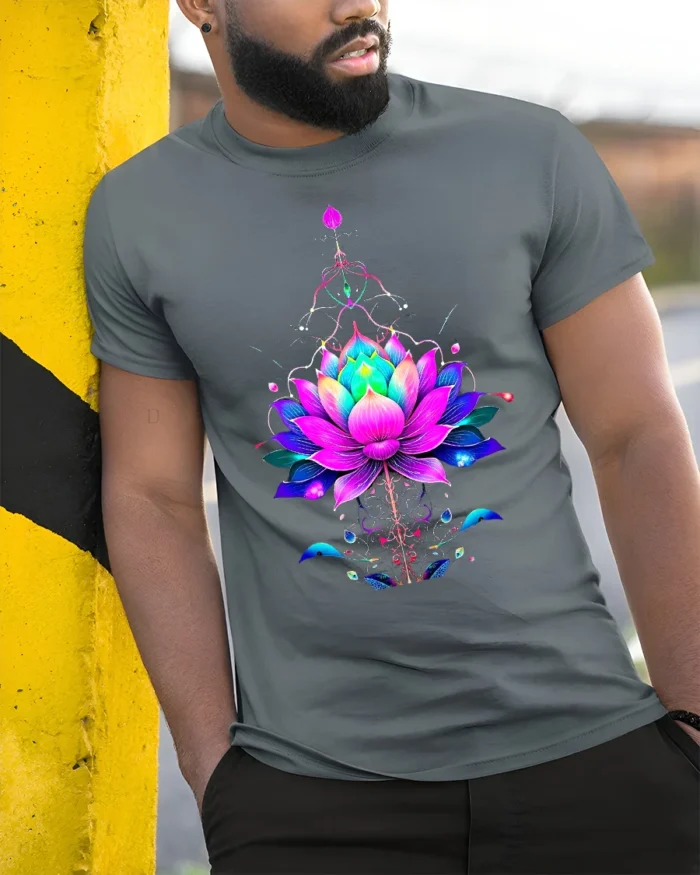 Vibrant Lotus Flower Yoga Zen Spiritual Floral Mandala Tee for Peaceful Souls - model in grey shirt leaning against column