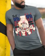 Father’s Day T-Shirt Best Dad Ever Fist Bump Tee with American Flag Design - model in grey shirt leaning against column