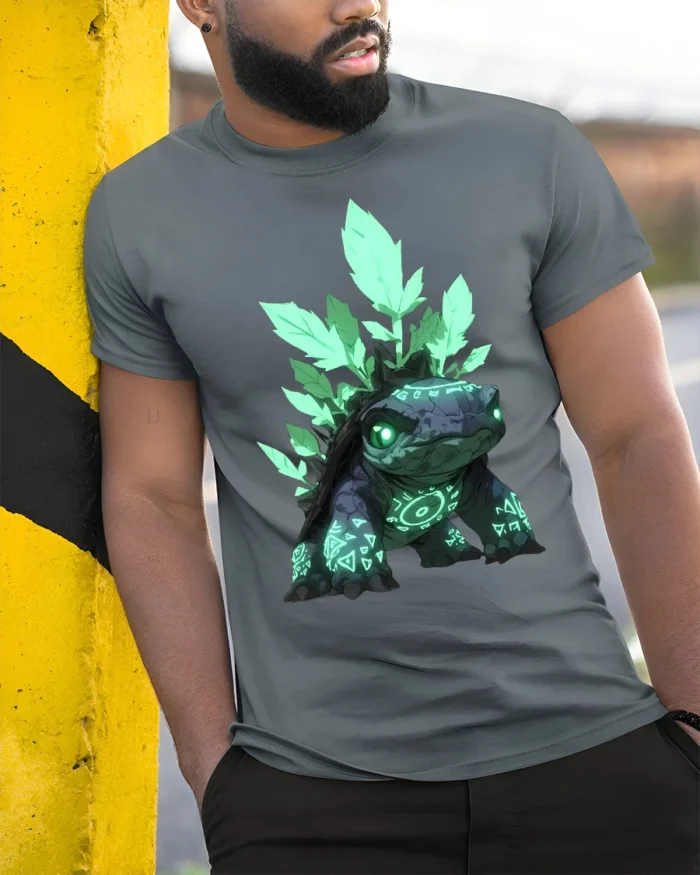 Spirit Turtle T-Shirt Magical Forest Creature Tee with Neon Green Design - model in grey shirt leaning against column