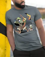 Fantasy Archer Cat and Warrior Mouse RPG Gamer Animal Tee - model in grey shirt leaning against column