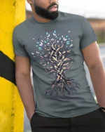 Mystic Tree of Life T-Shirt Intricate Nature Art Tee for Dreamers - model in grey shirt leaning against column