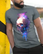 Neon Skull Flame T-Shirt Colorful Gothic Streetwear Graphic Tee - model in grey shirt leaning against column