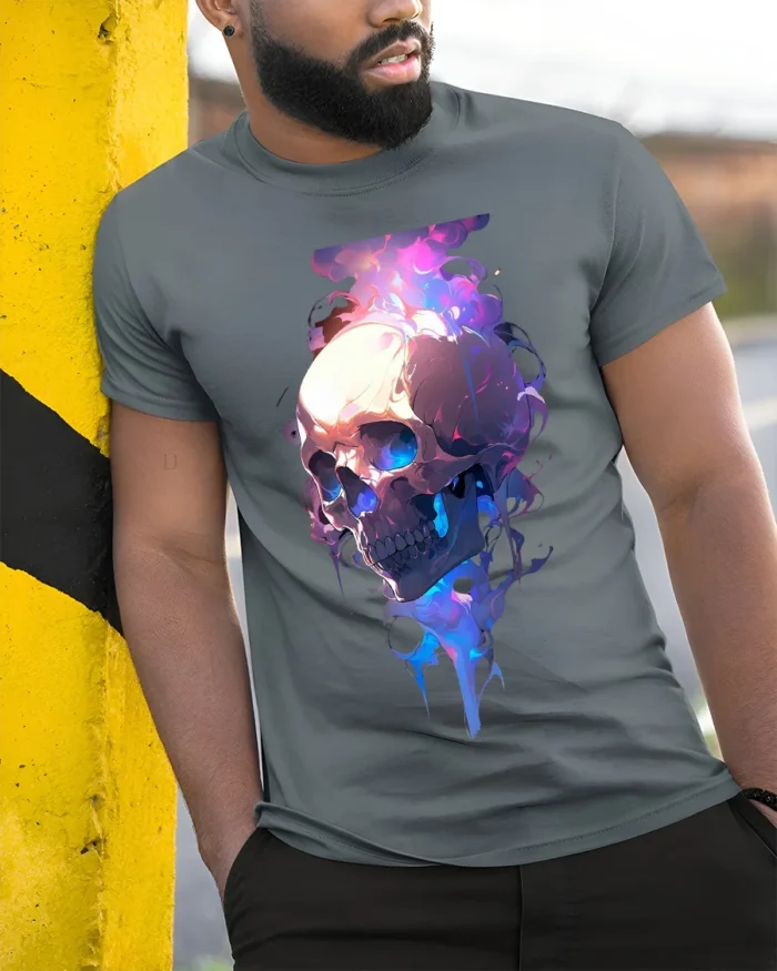 Neon Skull Flame T-Shirt Colorful Gothic Streetwear Graphic Tee - model in grey shirt leaning against column
