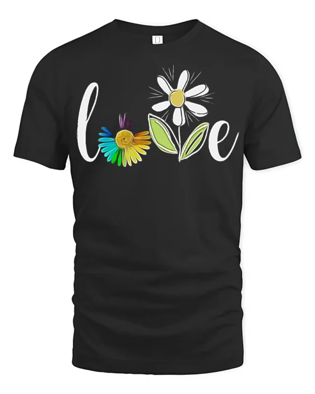 Rainbow Flower Love T-Shirt Soft Cotton Inspirational Graphic Tee - black t-shirt on white background