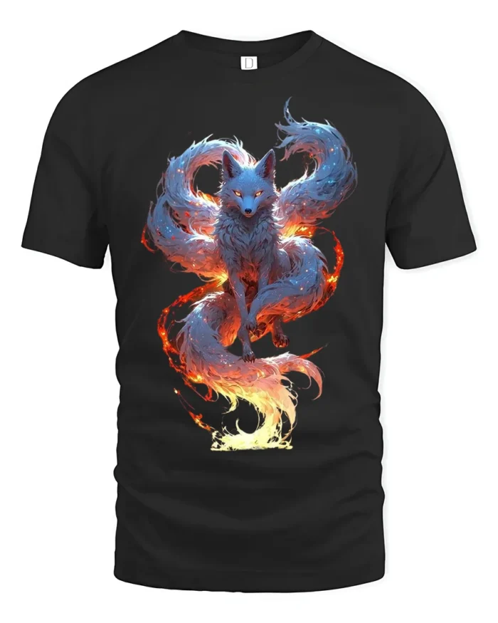 Mystic Flame Fox T-Shirt Elemental Spirit Animal Graphic Tee for Fantasy Fans - black t-shirt on white background