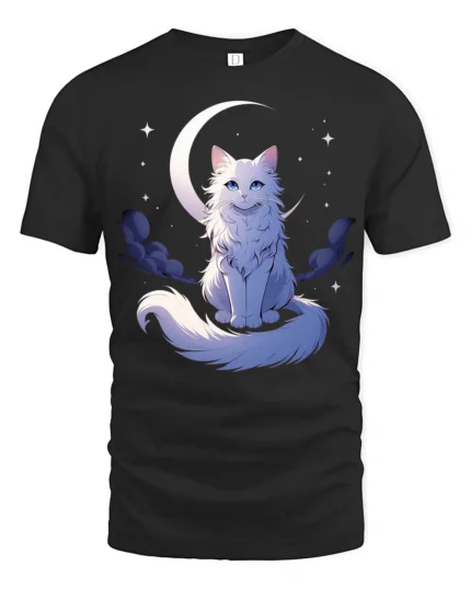 Moon Cat Starlight Whimsical Kitten Moon Stars T-Shirt for Cat Lovers - black t-shirt on white background