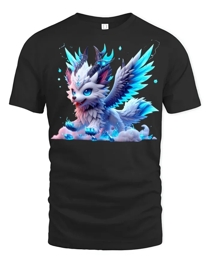 Frost Winged Wolf Tee Cute Icy Creature T-Shirt for Fantasy Lovers - black t-shirt on white background