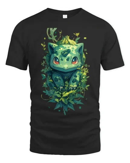 Nature Bulbasaur T-Shirt Cute Pokemon Creature Graphic Tee for US Fans - black t-shirt on white background