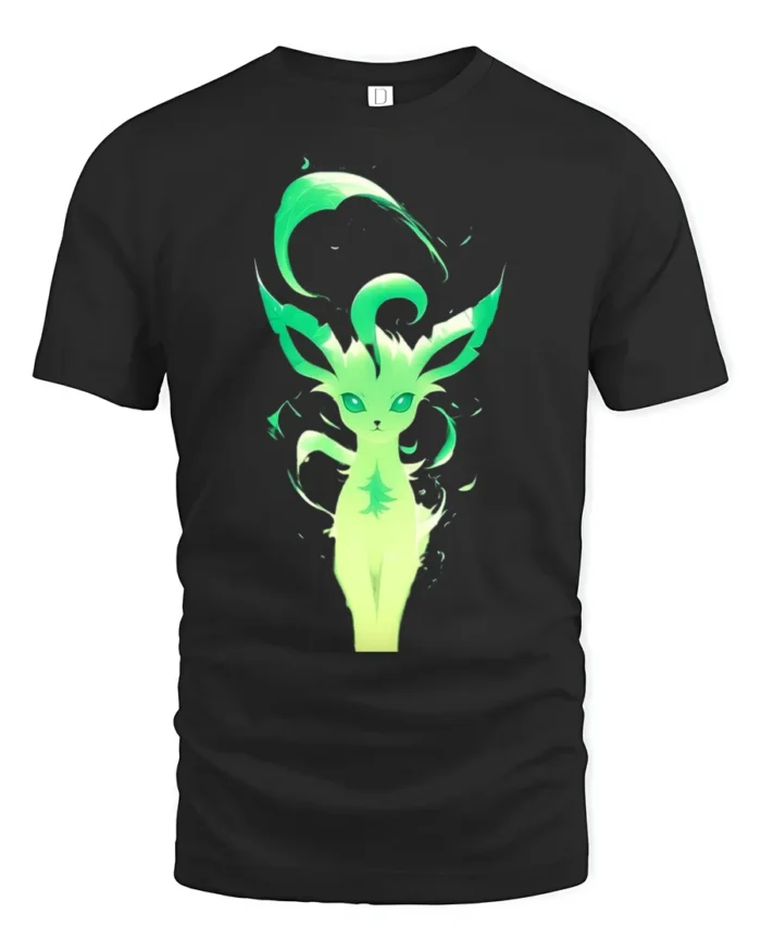 Green Aura Leafeon Tee Glowing Grass Type Pokemon T-Shirt for Trainers - black t-shirt on white background