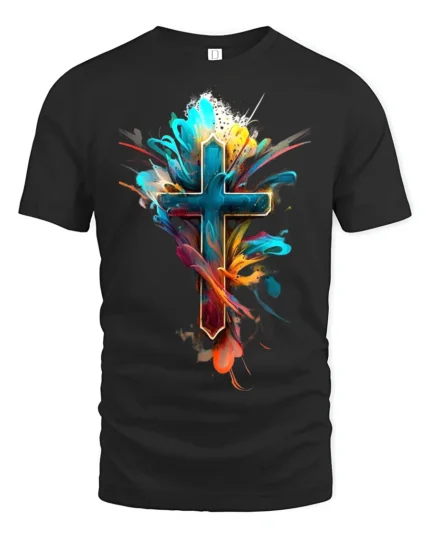 Vibrant Faith Cross Tee Abstract Christian Symbol T-Shirt for Believers - black t-shirt on white background