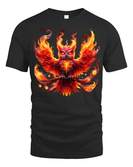 Blazing Owl T-Shirt Fiery Bird Graphic Tee for Fantasy Art Lovers in US - black t-shirt on white background