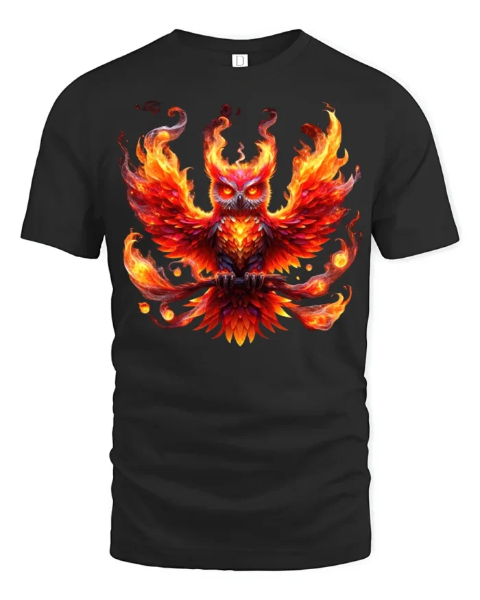 Blazing Owl T-Shirt Fiery Bird Graphic Tee for Fantasy Art Lovers in US - black t-shirt on white background