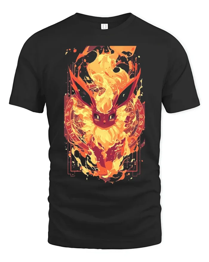 Fiery Flareon T-Shirt Intense Fire Pokemon Graphic Tee for US Fans - black t-shirt on white background