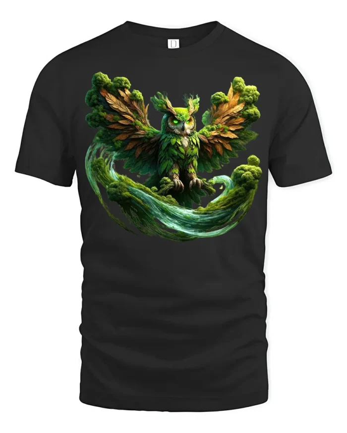 Mystic Forest Owl T-Shirt Fantasy Nature Graphic Tee with Earthy Vibes - black t-shirt on white background