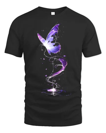 Mystical Purple Butterfly T-Shirt Fantasy Glow Design on Soft Cotton Tee - black t-shirt on white background