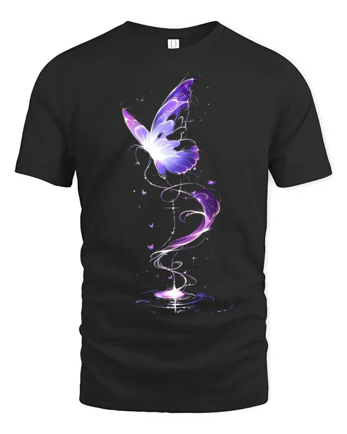 Mystical Purple Butterfly T-Shirt Fantasy Glow Design on Soft Cotton Tee - black t-shirt on white background
