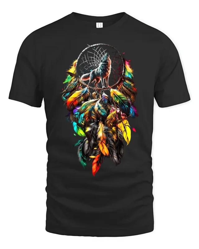 Colorful Feather Wolf T-Shirt Tribal Dreamcatcher Animal Spirit Design Tee - black t-shirt on white background