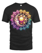Celestial Sun and Moon T-Shirt Mandala Print Spiritual Boho Graphic Tee - black t-shirt on white background