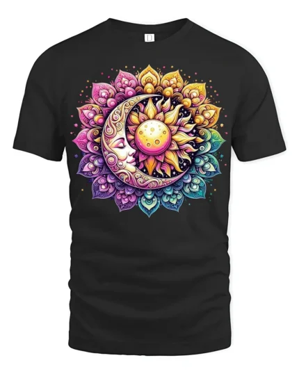 Celestial Sun and Moon T-Shirt Mandala Print Spiritual Boho Graphic Tee - black t-shirt on white background