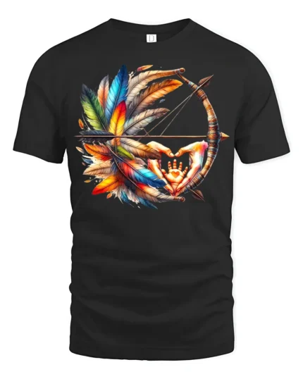 Tribal Bow and Feather T-Shirt Native-Inspired Art Tee with Hand Symbol - black t-shirt on white background