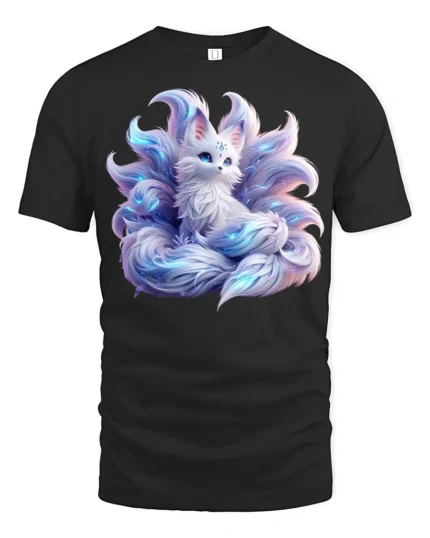 Mystic Nine-Tailed Fox T-Shirt Fantasy Spirit Animal Tee for Fox Lovers - black t-shirt on white background