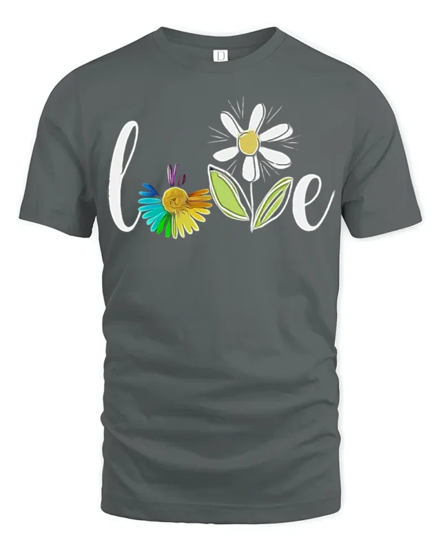 Rainbow Flower Love T-Shirt Soft Cotton Inspirational Graphic Tee - gray t-shirt on white background