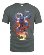 Mystic Flame Fox T-Shirt Elemental Spirit Animal Graphic Tee for Fantasy Fans - gray t-shirt on white background