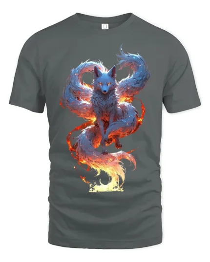Mystic Flame Fox T-Shirt Elemental Spirit Animal Graphic Tee for Fantasy Fans - gray t-shirt on white background
