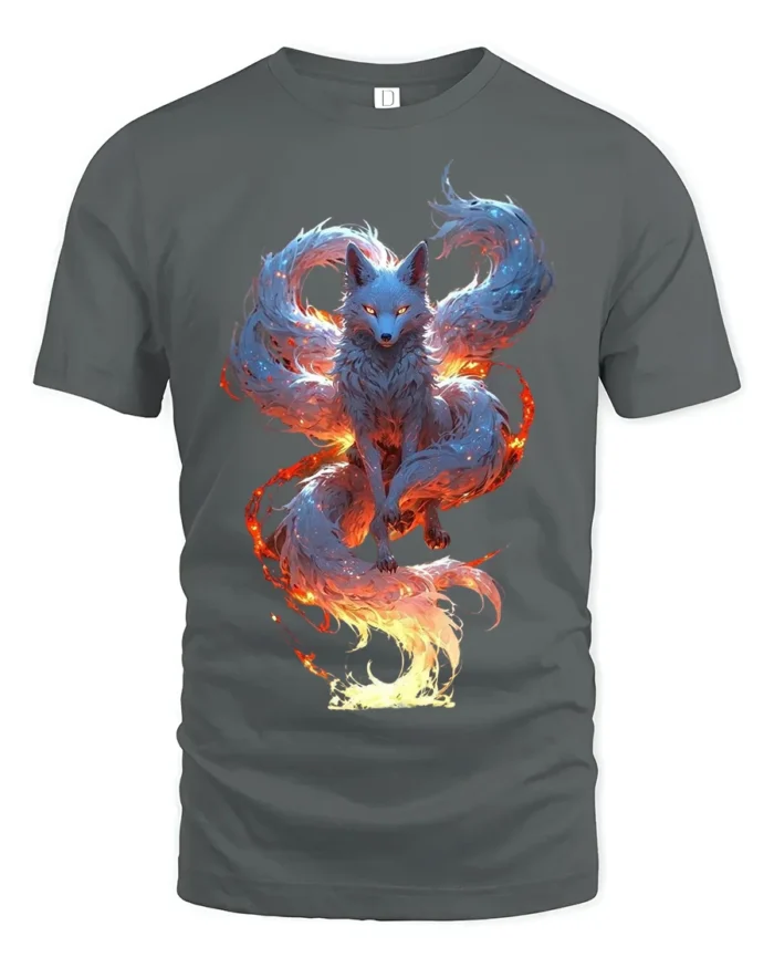 Mystic Flame Fox T-Shirt Elemental Spirit Animal Graphic Tee for Fantasy Fans - gray t-shirt on white background