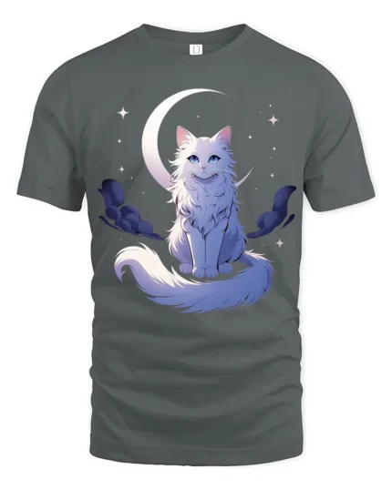 Moon Cat Starlight Whimsical Kitten Moon Stars T-Shirt for Cat Lovers - gray t-shirt on white background