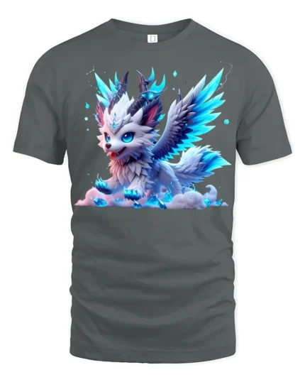 Frost Winged Wolf Tee Cute Icy Creature T-Shirt for Fantasy Lovers - gray t-shirt on white background