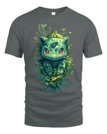 Nature Bulbasaur T-Shirt Cute Pokemon Creature Graphic Tee for US Fans - gray t-shirt on white background
