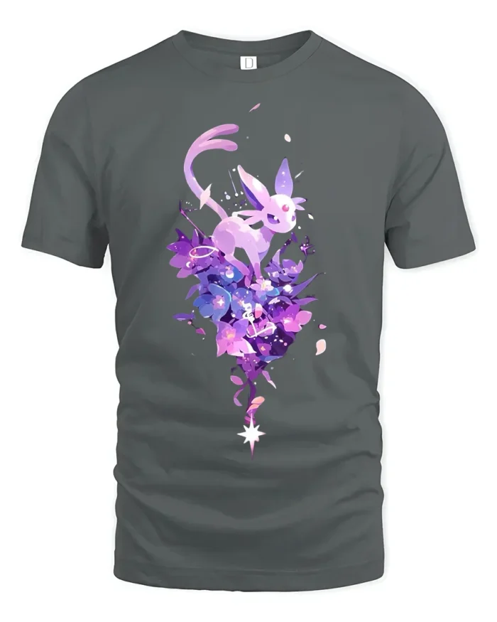 Starry Sylveon Tee Cute Fairy Type Pokemon with Flowers T-Shirt for Trainers - gray t-shirt on white background
