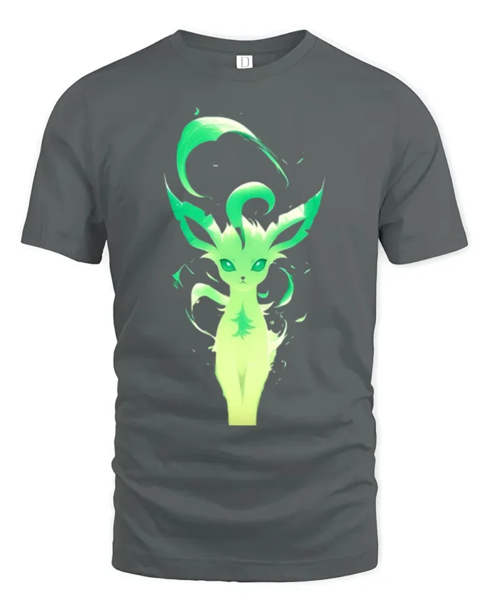 Green Aura Leafeon Tee Glowing Grass Type Pokemon T-Shirt for Trainers - gray t-shirt on white background