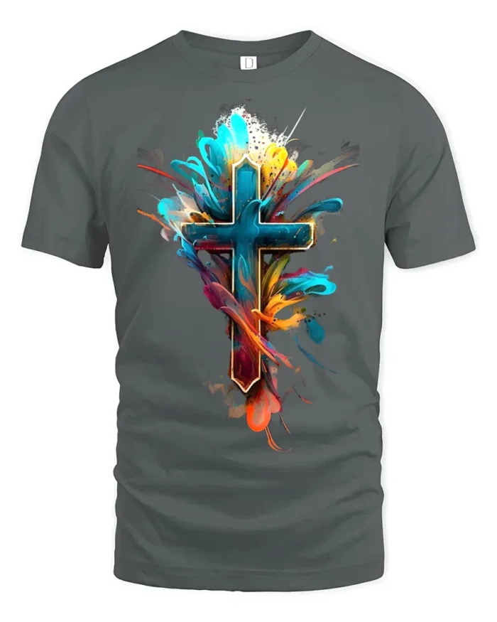 Vibrant Faith Cross Tee Abstract Christian Symbol T-Shirt for Believers - gray t-shirt on white background