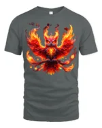 Blazing Owl T-Shirt Fiery Bird Graphic Tee for Fantasy Art Lovers in US - gray t-shirt on white background