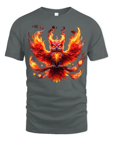 Blazing Owl T-Shirt Fiery Bird Graphic Tee for Fantasy Art Lovers in US - gray t-shirt on white background